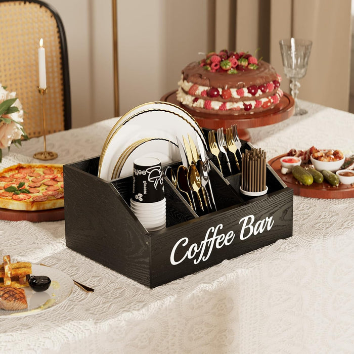 Coffee Station Organizer for Countertop – Wooden Coffee Bar Organizer with Adjustable Dividers,Holds K Cup Pod & syrup bottles, for Kitchen, Office, or Bar and Tea Station, Black