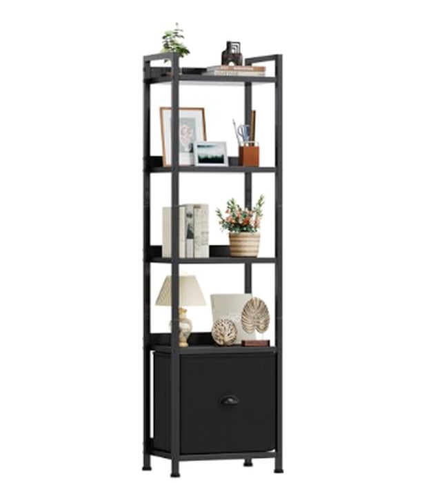 5-Layer Bookshelf, Bookcase with Fabric Drawers, Wooden and Metal Storage Boxes