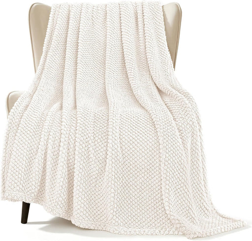 Extra Large Fuzzy Fleece Throw Blanket for Couch, 50x70 Inch Fluffy Warm Soft Jacquard Blankets for All Season, Lightweight and Cozy, Ivory