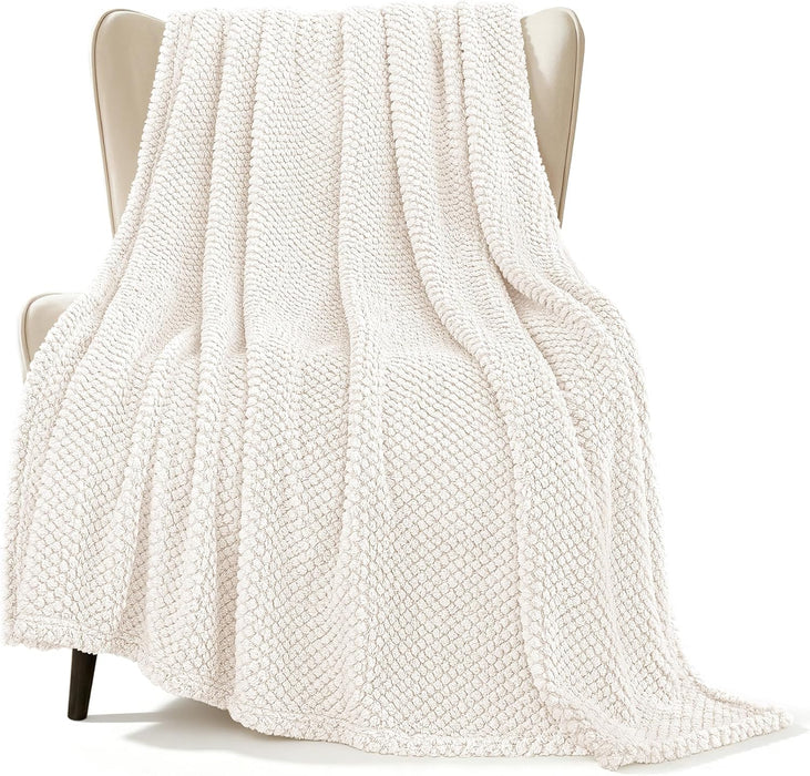 Extra Large Fuzzy Fleece Throw Blanket for Couch, 50x70 Inch Fluffy Warm Soft Jacquard Blankets for All Season, Lightweight and Cozy, Ivory