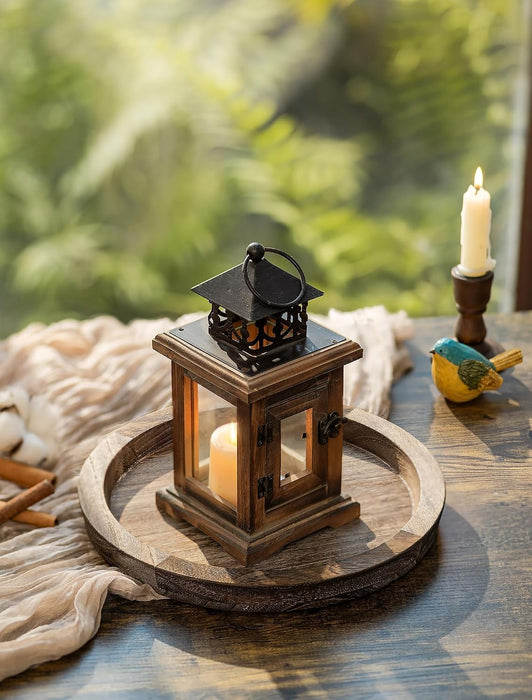 Round Wooden Candle Holder Trays for Coffee Table, Distressed Finish
