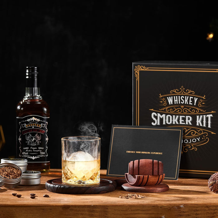 Whiskey Smoker Kit with Torch - 6 Flavors Wood Chips, 2 Glasses, 2 Ice Ball Molds - Cocktail Smoker Infuser Kit, Old Fas
