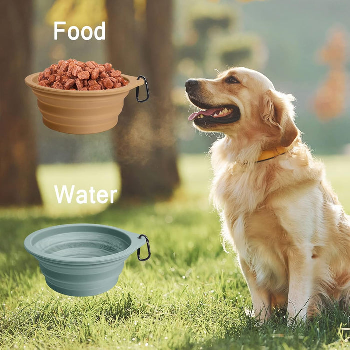 2-Pack Silicone Collapsible Dog Bowls, BPA Free Dishwasher Safe, Portable Foldable Expandable Travel Bowl, Food Water Feeding Cup Dish for Dogs Cats with 2 Carabiners (Turquoise, Tan)