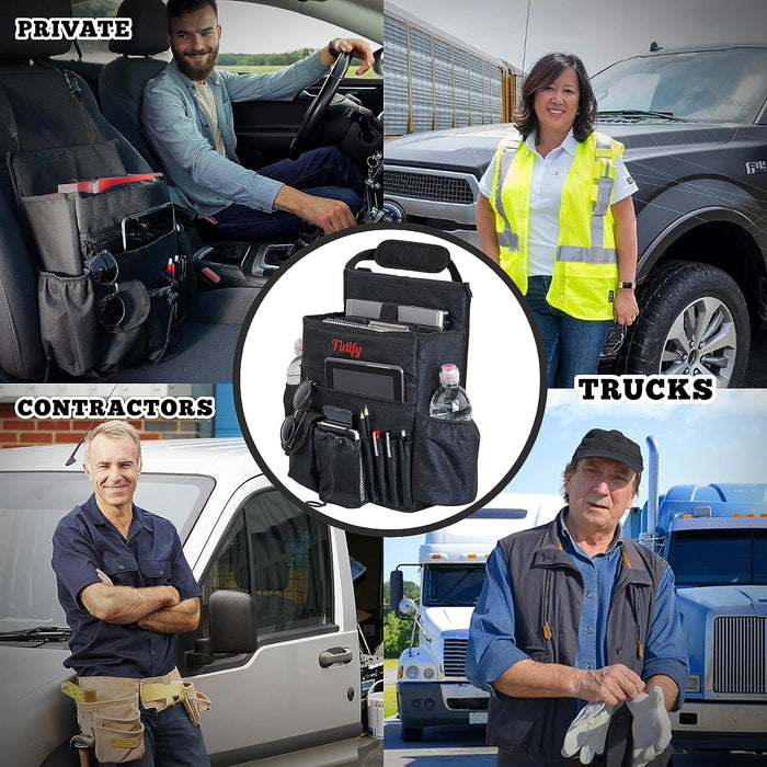 Car Front Seat Organizer [2025 UPDATED] with Dedicated Tablet and Laptop Storage Stabilizing Side Straps Soft Adjustable Shoulder Strap and Hardened Buckles Your Office Away from Office.