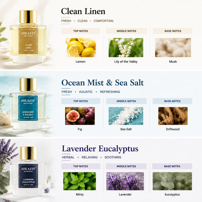 Reed Diffuser Set of 3,Clean Linen Ocean Mist&Sea Salt Lavender Eucalyptus Oil Reed Diffusers for Bedroom Living Room Office Aromatherapy Oil Reed Diffuser for Gift 50ml x 3