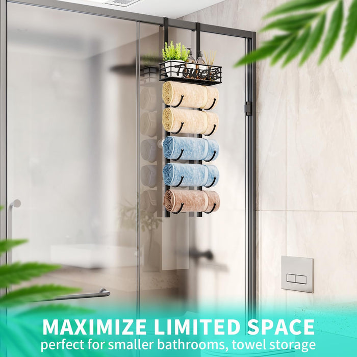 Towel Racks for Bathroom Storage - 6 Tier Over The Door & Wall Mount Rolled Towel Storage Organizer Holder with Metal Shelf Basket for Small Bathroom, Camper, Rv - Black, Patented