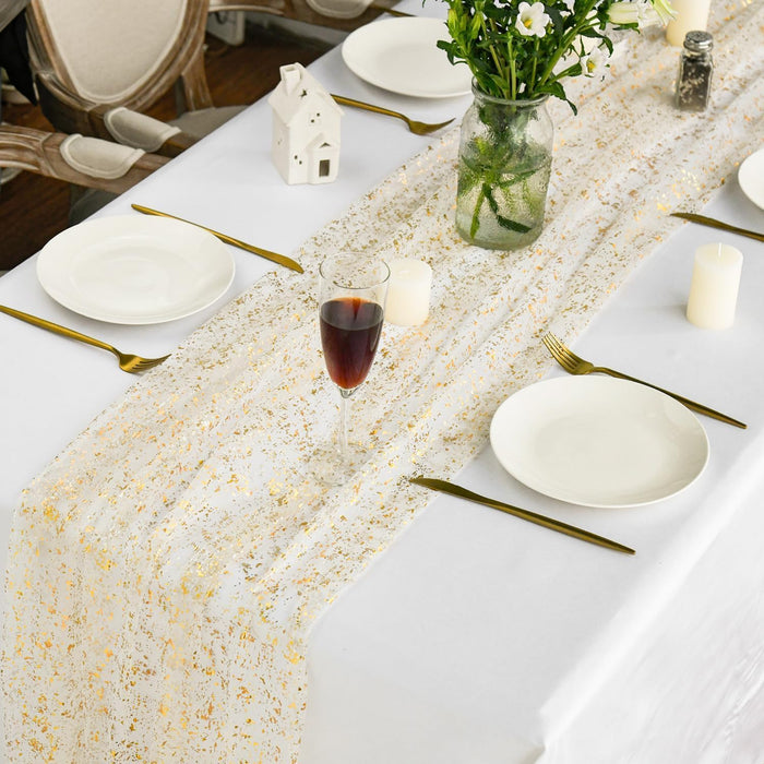 Beige Gold Gauze Table Runner 120 Inch 10FT, Glitter Metallic Foil Sheer Dining Wedding Anniversary Holiday Birthday Tab
