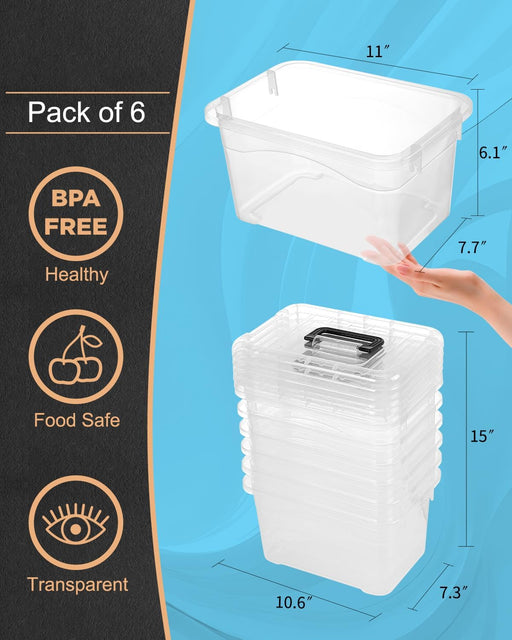 Plastic Storage Bins with Lids 6 Packs, 7 Quart Storage Organizer Bins with Buckle-Up Latches and Handle, Stackable Storage Containers for Home Pantry Office Classroom Organization, Clear