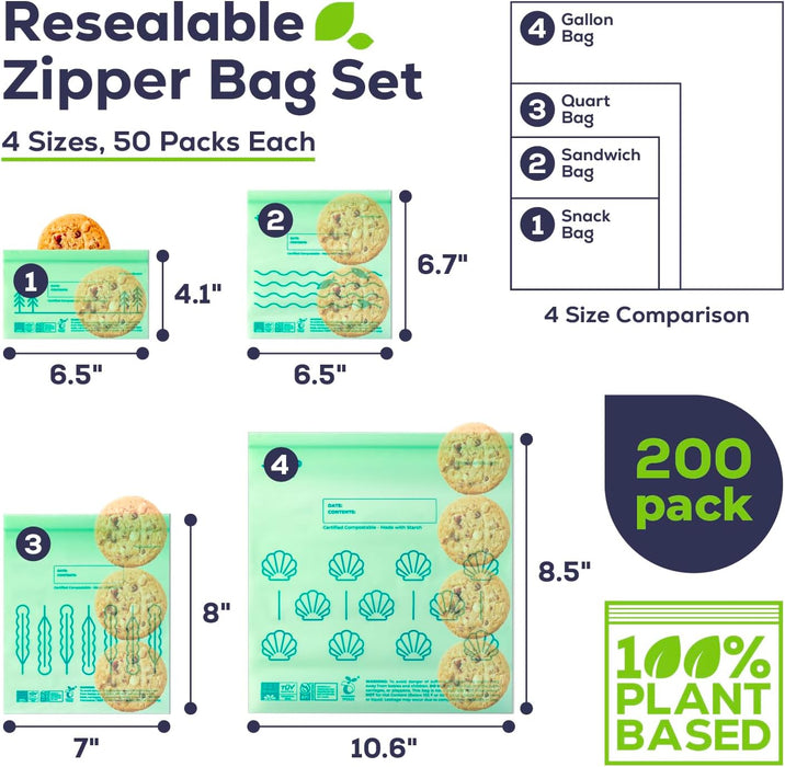 100% Compostable Food Storage Bags Set, Resealable Bags Plant-Based Freezer Bag for Food, ASTM D6400, US BPI & EU OK Compost Certified