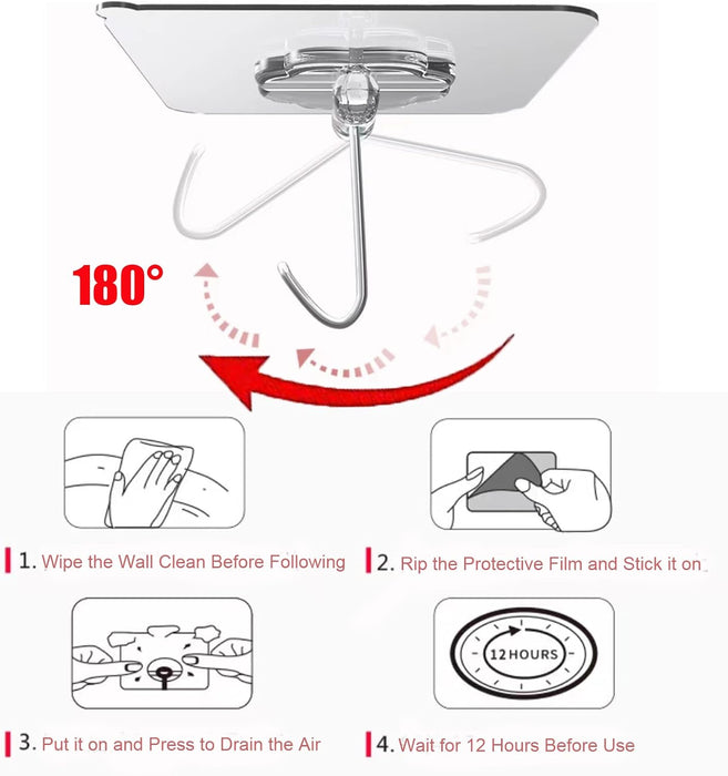 Adhesive Wall Hooks Clear 50lb(Max) Heavy Duty Hanging Sticky-10 Pack