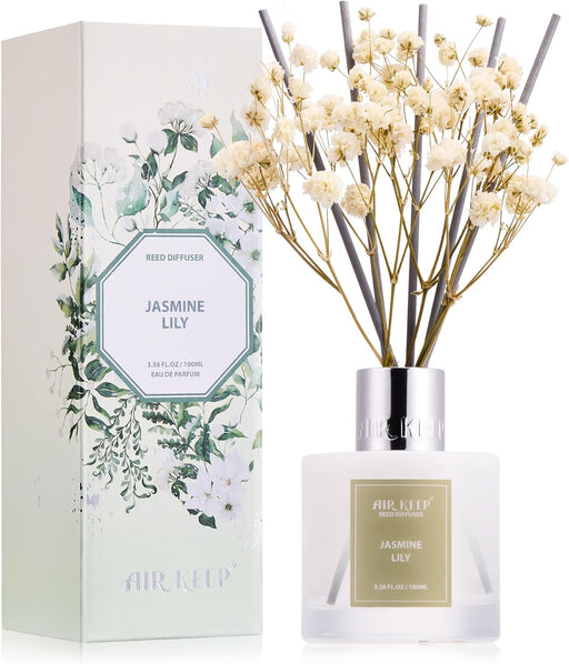 Reed Diffuser Set, 3.38 fl oz (100 ml) - Jasmine Lily Lemon Oil Diffusers with 8 Reed Sticks, Home Fragrance Reed Diffuser for Bathroom Shelf Decor