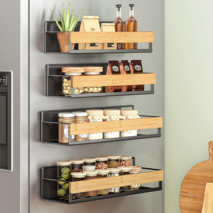 4-Pack Strong Magnetic Real Bamboo Spice Racks for Fridge