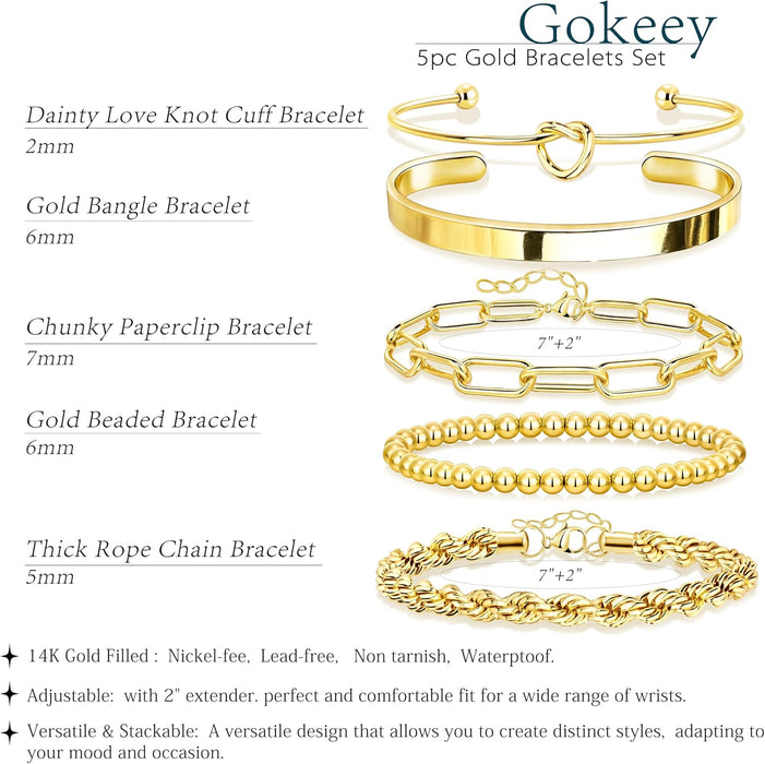 Gold Bracelets Set for Women Non Tarnish, Waterproof 14K Gold Plated Sterling Silver Chunky Cuff Bracelet Stackable Gold Bangles Bracelet for Women Trendy Fashion Accessories Tie Knot Cuban Rope Paperclip Beaded Bracelet Stack Jewelry Mothers Day Gifts for Mom Birthday