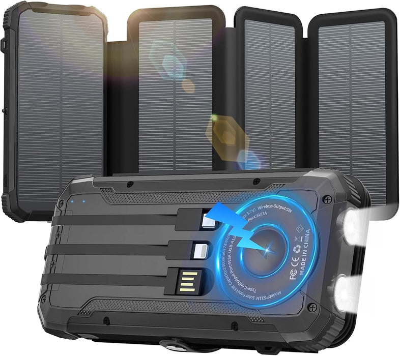 Solar Power Bank 20000 mAh Built-in 3 Cables Wireless Charger