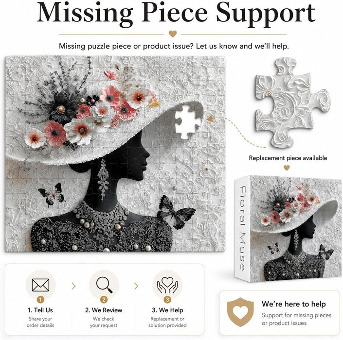 Impossible Puzzles for Adults 1000 Pieces, Floral Muse Puzzle Elegant Lady,Beauty Flower Woman Puzzle Black and White Pearl,Hard Challenge Jigsaw Puzzles Aesthetic