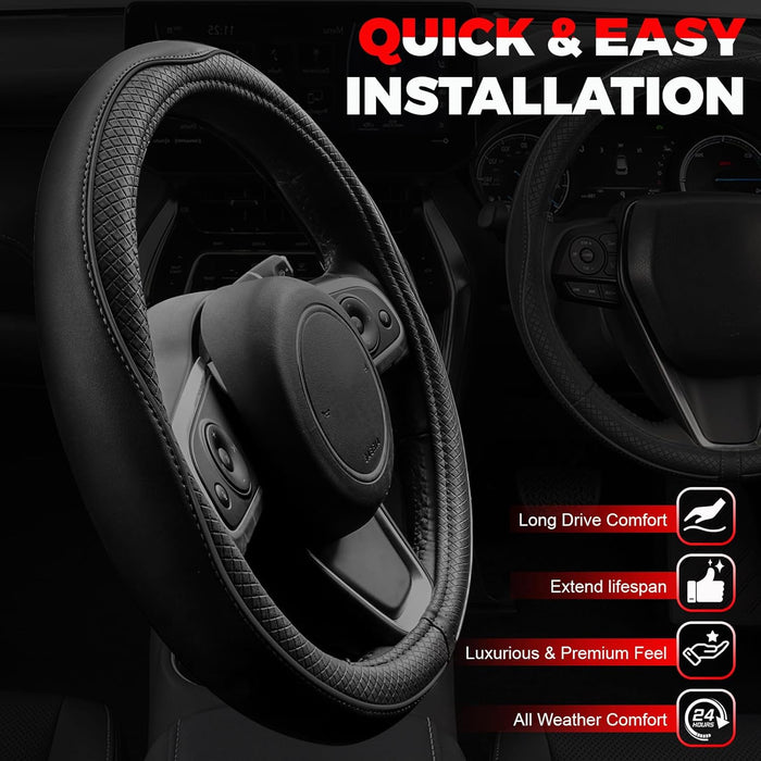 Car Steering Wheel Cover, Microfiber Leather Steering Wheel Covers with Anti-Slip Lining, Universal 14.5-15 inchs Black