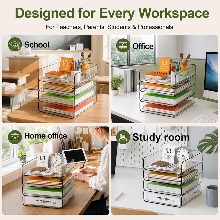 4-Tier Acrylic Paper Tray Organizer, Clear Stackable Desk File Organizer for Documents, Files, Letters, A4 Paper, Books,