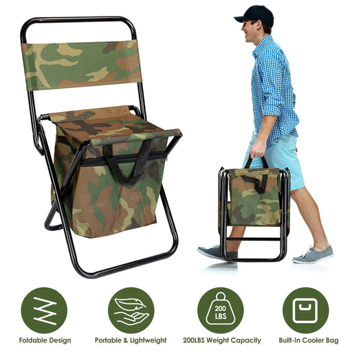 Foldable Fishing Stool with Backrest and Cooler Bag