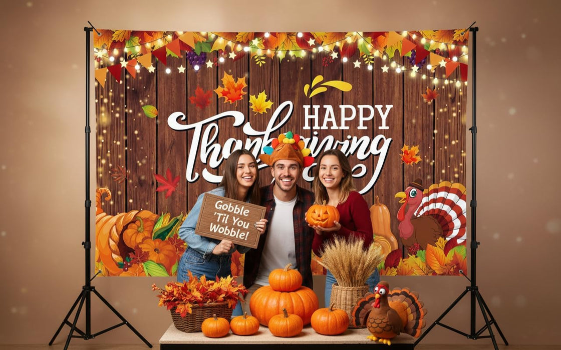 Happy Thanksgiving Backdrop Sign Autumn Maple Leaves Pumpkin Turkey Photography Background for Thanksgiving Day Party Decoration Fall Decorations