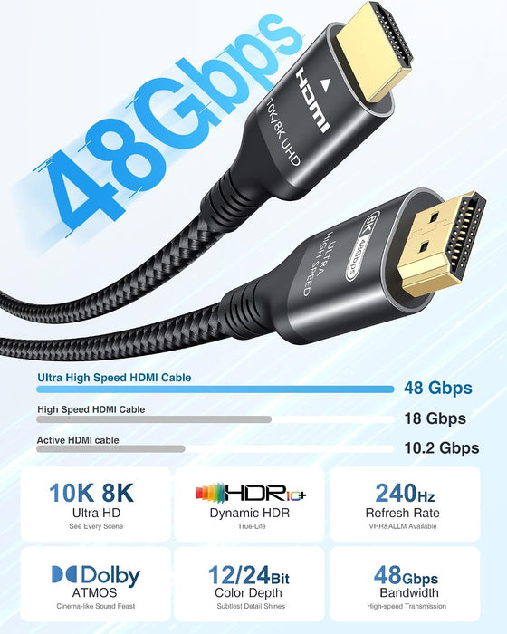 10K 8K 4K HDMI Cable 48Gbps 6.6 FT, Certified Ultra High Speed HDMI® Cable 4K 240Hz 144Hz 120Hz 8K60Hz 0.01ms HDR10+ eARC HDCP2.3 Netflix Roku TV PC Monitor Projector PS5 Xbox