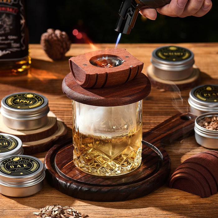 Whiskey Smoker Kit with Torch - 6 Flavors Wood Chips, 2 Glasses, 2 Ice Ball Molds - Cocktail Smoker Infuser Kit, Old Fas