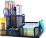 Mesh Pen Holder Desk Organizers Pencil Holder for Desk Black, 3 Compartments Metal Office Supply Organizer with Sticky Notes Holder for School Home Office