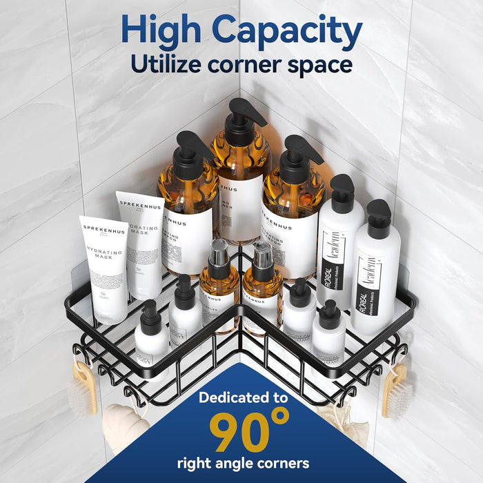 Corner Adhesive Shower Caddy, with Soap Holder and 12 Hooks, Rustproof Stainless Steel Bathroom Organizer, No Drilling W