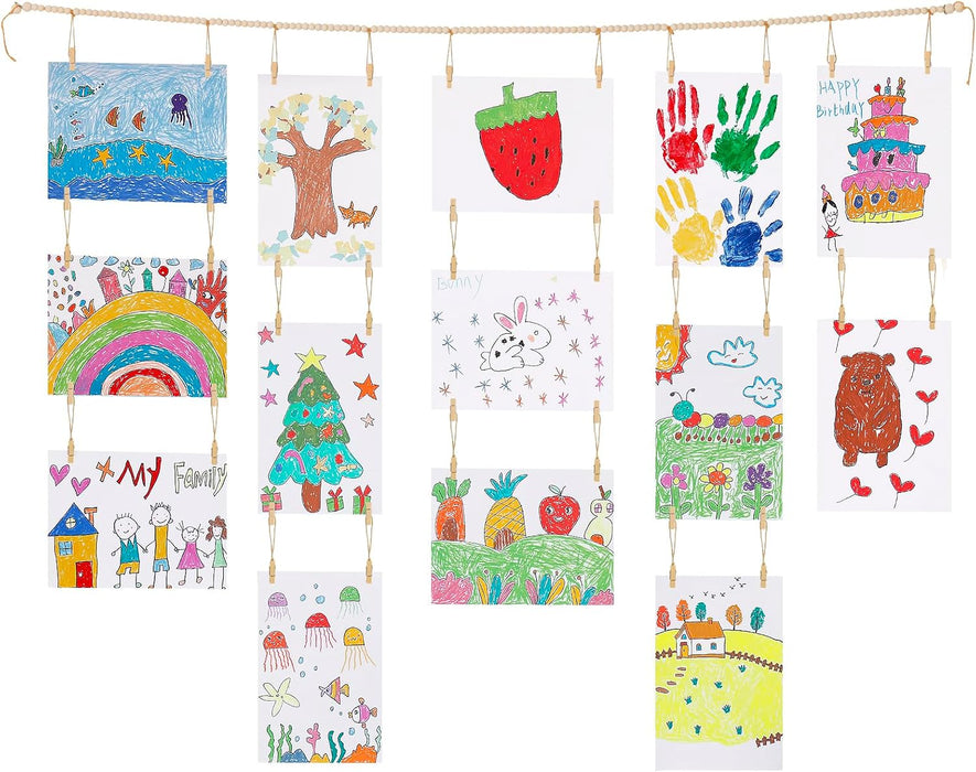Kids Art Display Wall Decor, Wood Beads Garland with 34 Clips