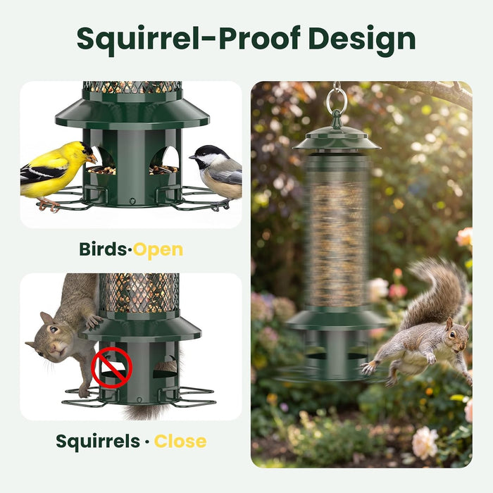 Squirrel Proof Bird Feeders for Outdoors - 4 Port Hanging Metal Bird Feeder with Gravity Spring, Upgraded Metal Hanging 