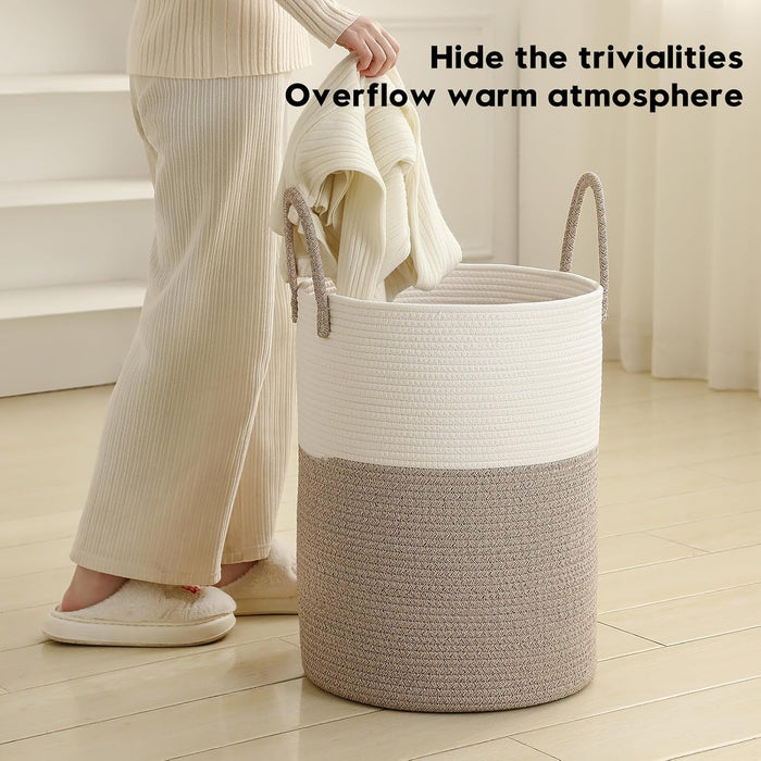 Laundry Basket Hamper Tall Rope Storage Woven for Blanket Toys Dirty Clothes in Living Room Bathroom Bedroom White & Bro