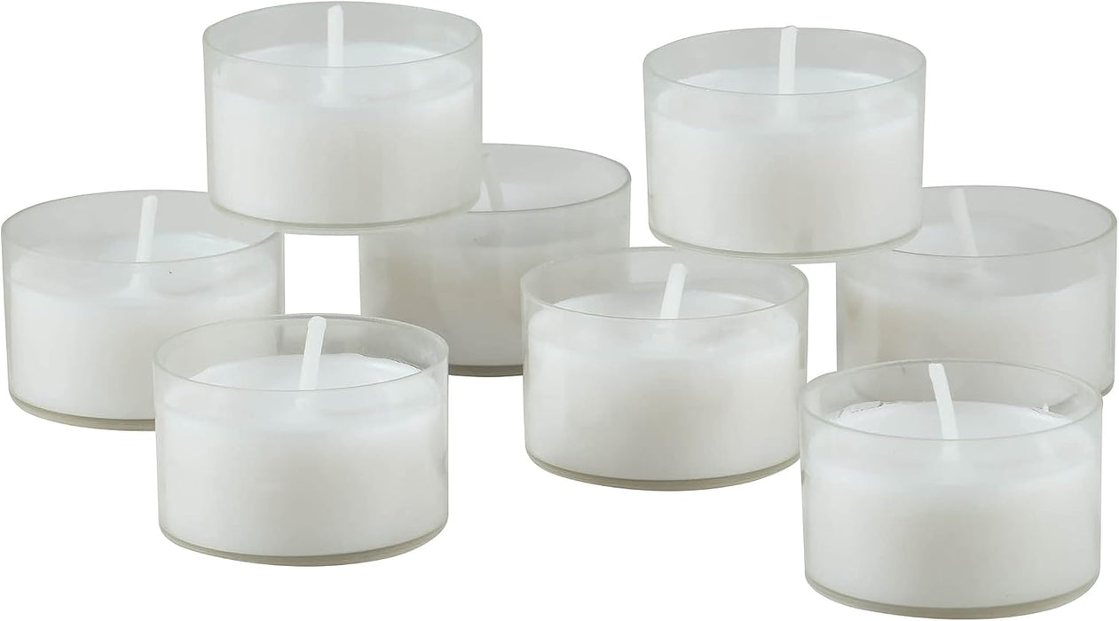 96 Count White Unscented Smokeless Long Burning Clear Cup Tea Light Candles with 6 to 7 Hour Burn Time