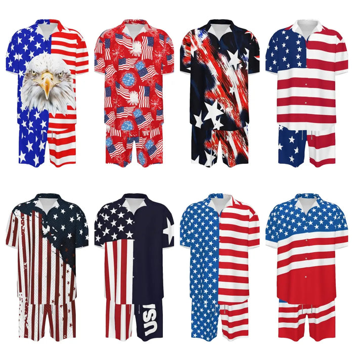 Men'S Fashion 2-Piece Matching Shortsleeve Collared Neck Tropical Set - Casual Stylish Flag Pattern Shirt & Bottoms, Loose Fit, plus Size Hawaiian Patriotic Streetwear for 4Th of July