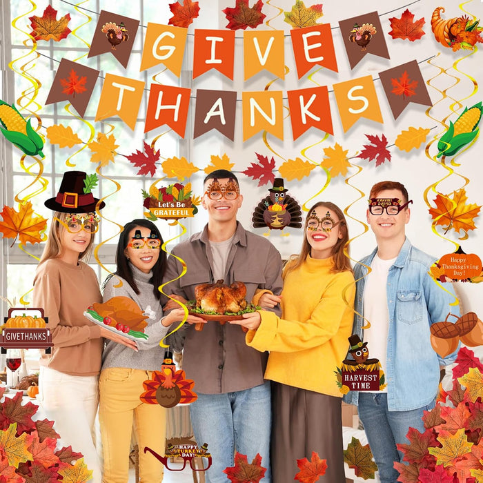 Thanksgiving Decorations Set, GIVE THANKS Banner and Garland, Hanging Swirls, Turkey Glasses and Maple Leaf for Indoor H