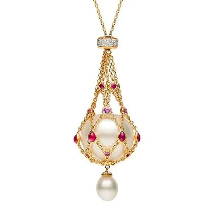 Women Exquisite Pearl Gemstone Lavalier Pendant Elegant Pearl Pendant Necklaces Natural Pearl Metal Braided Mesh Necklace