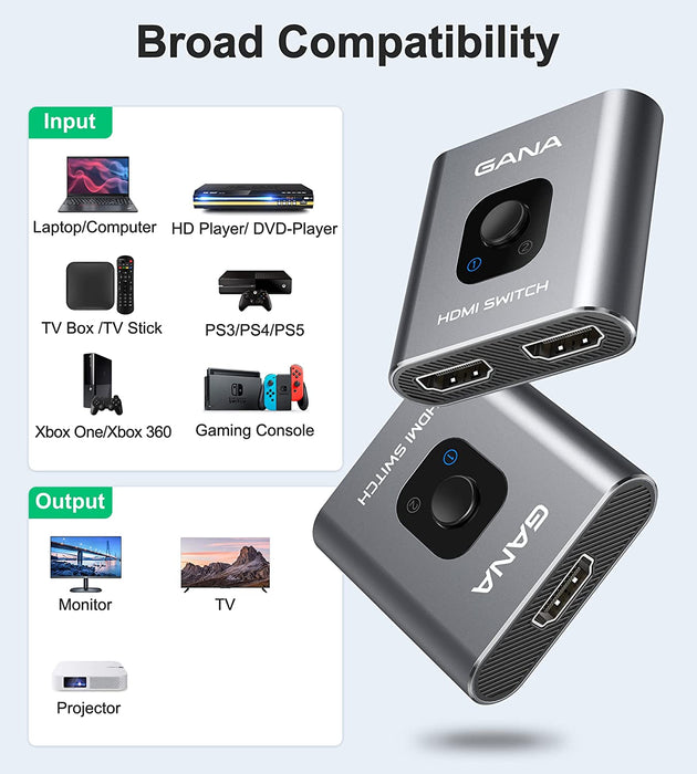HDMI Switch 4k@60hz Splitter,  Aluminum Bidirectional HDMI Switcher 2 in 1 Out, Manual HDMI Hub Supports HD Compatible with Xbox PS5/4/3 Blu-Ray Player Fire Stick Roku