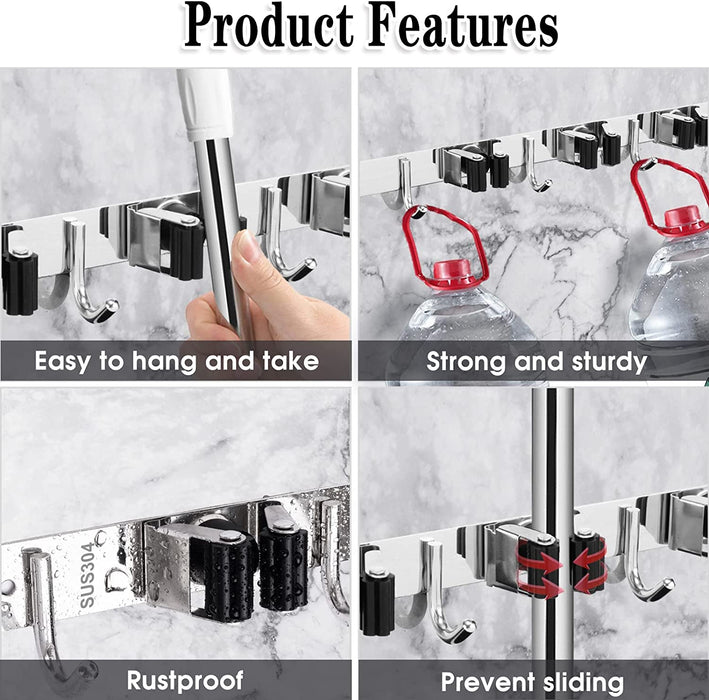 Broom Holder Wall Mount, 5 Racks 4 Hooks Heavy Duty Mop Organizer