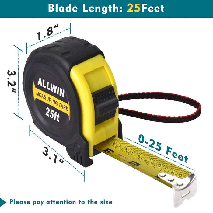 Tape Measure 25 Ft - Metal Retractable Tape Measure with Fractions, Easy Read, 1-inch Wide X 25 Foot