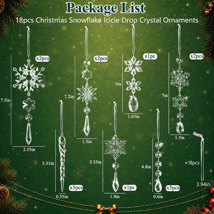 Crystal Christmas Tree Ornaments, Clear Acrylic Snowflake & Icicle, 18pcs