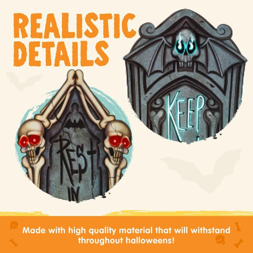 16" 9 Pcs Halloween Tombstones Decorations Outdoor Graveyard Decor, Yard Lawn Cemetery Plastic Headstones with 18 Metal 