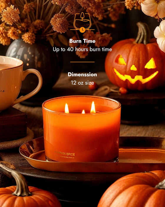 Luxury Pumpkin Soy Candle | Large 3 Wick Jar Candle | Halloween & Fall Decor | Up to 40 Hours Burning | 100% Natural Soy Wax | Relaxing Aromatherapy Candle | Halloween Fall Candle Gift