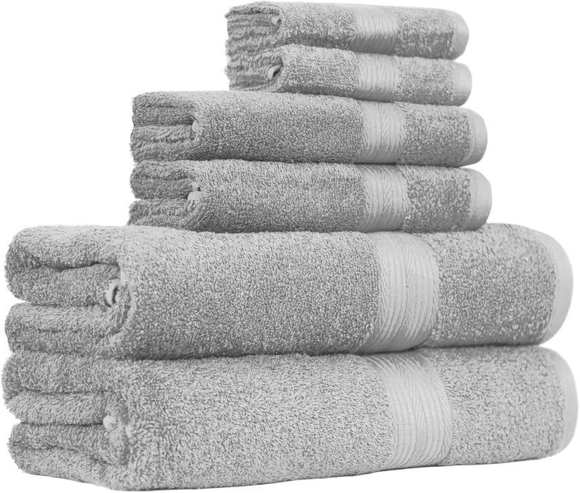 6-Piece Fade-Resistant 100% Cotton Towel Set for Bathroom, Soft and Absorbent, 2 Bath Towels, 2 Hand Towels, 2 Washcloths, Gray