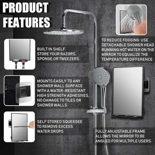 Shower Mirror for Shaving & Washing Your Face with a Squeegee - Built-in Two Razor Holder, 360°Rotation Adjustable Shavi