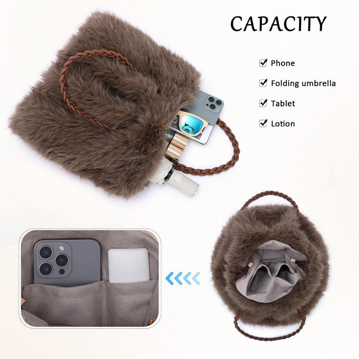 Women Furry Handbag Winter Fluffy Tote Bags Fuzzy Crossbody Shoulder Bag Faux Fur Purse