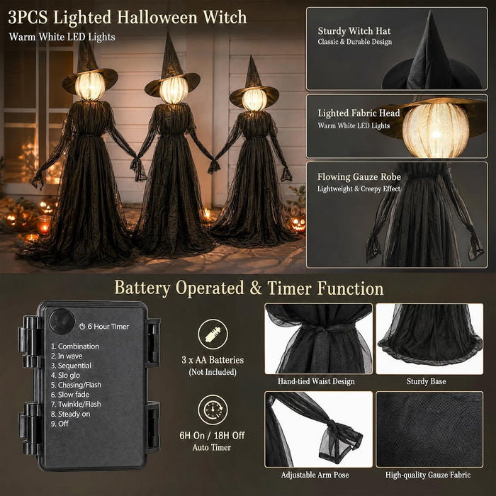 Halloween Witches Decorations Outdoor, 5 FT Set of 3 Light Up Holding Hands Witches with Stakes and Timer Function, Glow