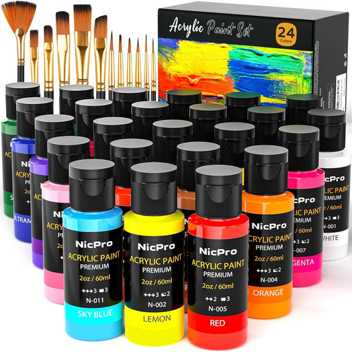 Acrylic Paint Set 24 Colors 2oz with 12 Brushes & Palette