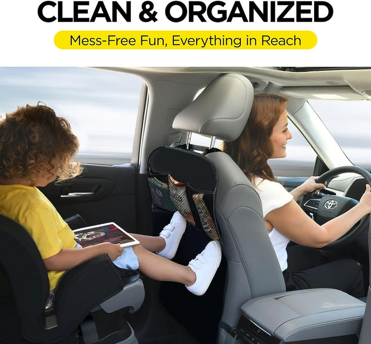 Back Seat Cover For Kids + 3 Pocket Storage Organizer, 2 Pack X-Large Waterproof Kick Mats Backseat Protector, Car Seat Back Protectors For Vehicles To Protect From Dirt, Mud & Scratches