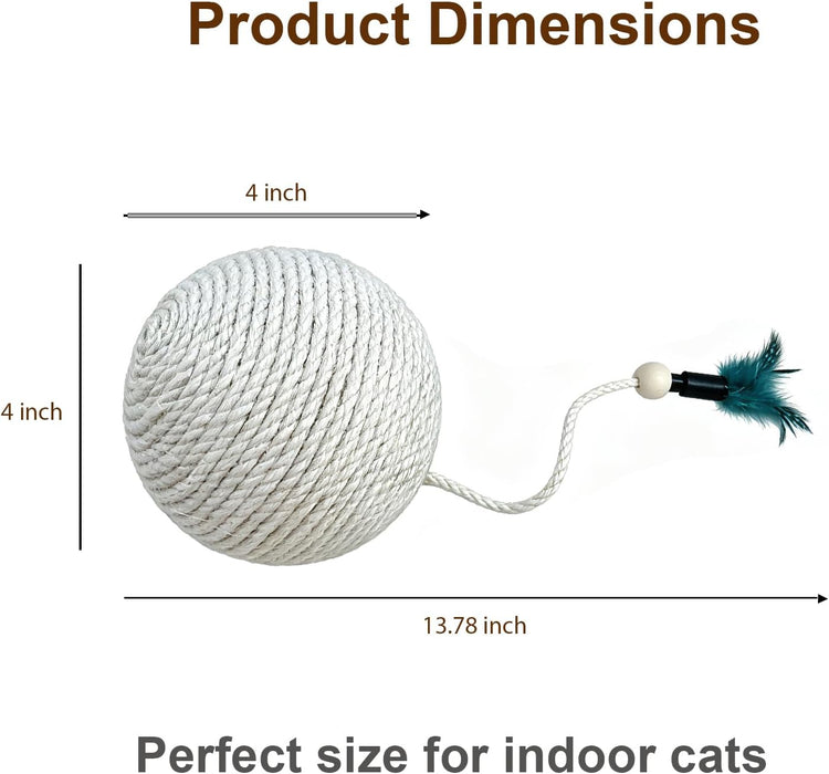 4 in Sisal Cat Ball with Feather, Interactive Hunting Chew Toy for Kittens