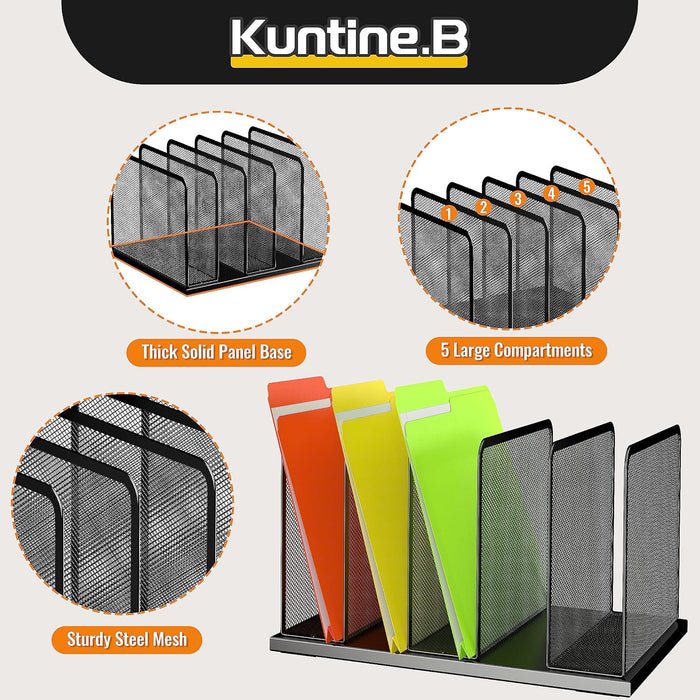 Desk File Organizer Upright Mesh Desktop Organizer File Sorter Office Organization File Holder for Home, Office & Classroom (Black, 1 Pack 5-Section)