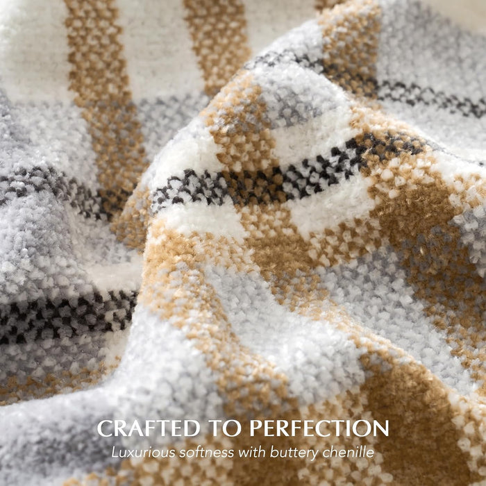 Plaid Chenille Knit Throw Blanket, 50"x60", Grey & Beige