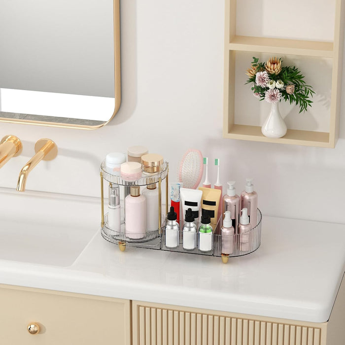 Makeup Organizer Countertop for Vanity, Rotating Perfume Tray with 5-compartment Cosmetic and Skincare Organizers, Multi